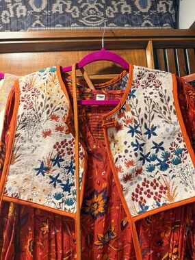 Boho Floral Quilted Vest with Orange Trim